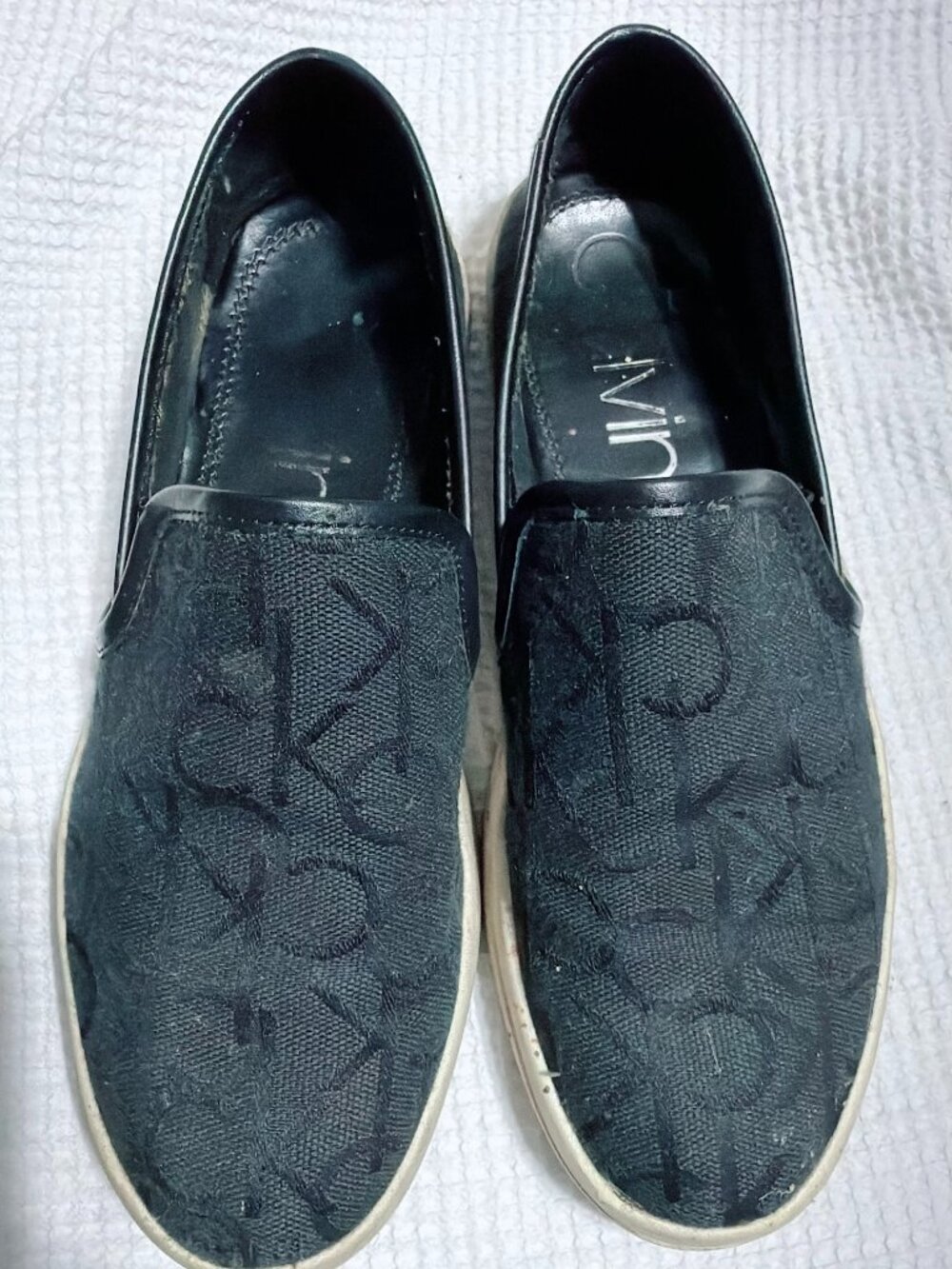 Calvin Klein Monogram Canvas Slip-On Sneakers Shoes Black White Sole